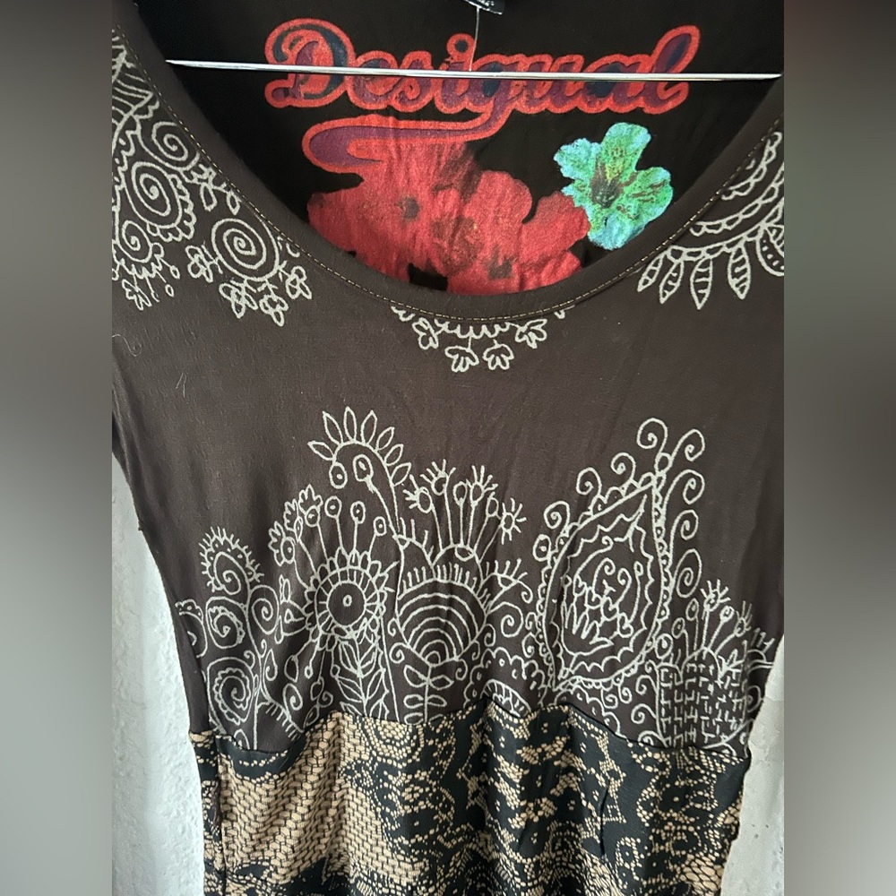 DESIGUAL Ladies Long Sleeve Scoop Neck A-line Brown TISDALE Dress XS Artsy Boho - Picture 6 of 16